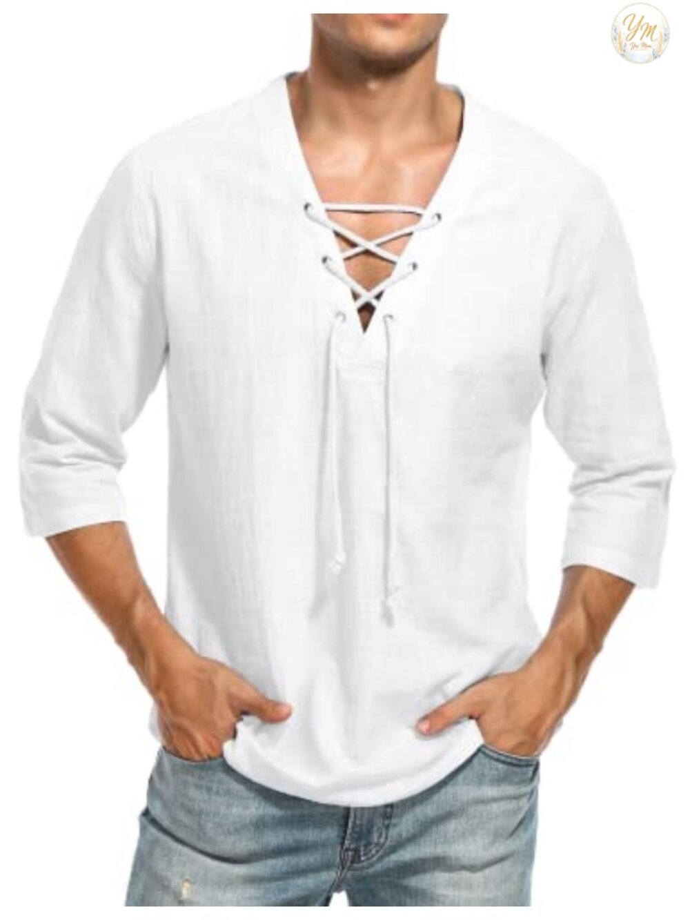 Men's Cotton Linen V Neck Lace Up Short Sleeve Hippie Beach Yoga Shirt